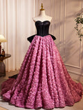 Black Satin and Pink Ruffle Flower Long Prom Dress, Lovely A-Line Strapless Bow Party Evening Dress HZ0429