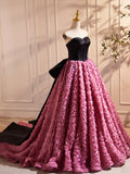 Black Satin and Pink Ruffle Flower Long Prom Dress, Lovely A-Line Strapless Bow Party Evening Dress HZ0429