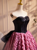 Black Satin and Pink Ruffle Flower Long Prom Dress, Lovely A-Line Strapless Bow Party Evening Dress HZ0429