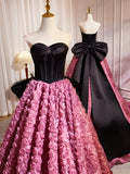 Black Satin and Pink Ruffle Flower Long Prom Dress, Lovely A-Line Strapless Bow Party Evening Dress HZ0429