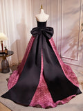 Black Satin and Pink Ruffle Flower Long Prom Dress, Lovely A-Line Strapless Bow Party Evening Dress HZ0429