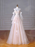 Champagne Tulle Lace Sweetheart Neck Long Formal Dress, A-Line Puff Sleeves Party Dress HZ0429
