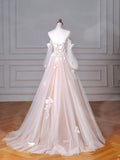Champagne Tulle Lace Sweetheart Neck Long Formal Dress, A-Line Puff Sleeves Party Dress HZ0429