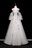 White Tulle Sequins Long Prom Dress, Beautiful A-Line Evening Party Dress HZ0429