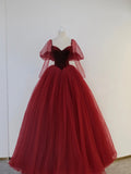 Burgundy Velvet and Tulle Floor Length Formal Dress, A-Line Long Sleeve Tulle Evening Party Dress HZ0429