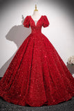 Red V-Neck Sequins Long Prom Dress, Red Short Sleeve Party Dress HZ0429