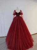 Burgundy Velvet and Tulle Floor Length Formal Dress, A-Line Long Sleeve Tulle Evening Party Dress HZ0429