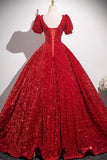 Red V-Neck Sequins Long Prom Dress, Red Short Sleeve Party Dress HZ0429