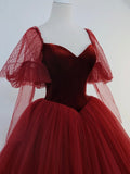 Burgundy Velvet and Tulle Floor Length Formal Dress, A-Line Long Sleeve Tulle Evening Party Dress HZ0429