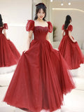 Wine Red Tulle A-line Beaded Long Formal Dress, Beautiful A-Line Short Sleeve Evening Prom Dress HZ0429