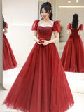 Wine Red Tulle A-line Beaded Long Formal Dress, Beautiful A-Line Short Sleeve Evening Prom Dress HZ0429