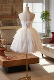 White Tulle Lace Short Prom Dress, White A-Line Sweetheart Neck Party Dress HZ0429