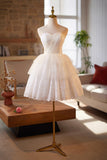 White Tulle Lace Short Prom Dress, White A-Line Sweetheart Neck Party Dress HZ0429