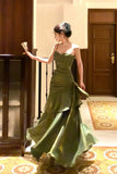 Green Satin Mermaid Gown, Beautiful Spaghetti Strap Evening Formal Dress HZ0429