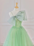 Green Tulle Short Prom Dress, A-Line Evening Dress with Bow HZ0429