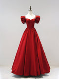 Burgundy Satin Floor Length Princess Dress with Beaded, A-Line Short Sleeve Evening Party Dress HZ0429