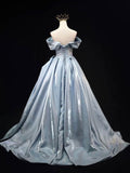 Gray Blue Satin Long Prom Dress, Elegant Off the Shoulder Formal Party Dress HZ0429