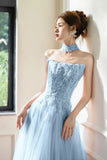 Blue Tulle Beads Long Prom Dress, Lovely A-Line Evening Party Dress HZ0429
