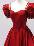 Burgundy Satin Floor Length Princess Dress with Beaded, A-Line Short Sleeve Evening Party Dress HZ0429