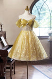Yellow Floral Tulle Knee Length Prom Dress, Lovely A-Line Off the Shoulder Evening Party Dress HZ0429