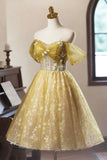 Yellow Floral Tulle Knee Length Prom Dress, Lovely A-Line Off the Shoulder Evening Party Dress HZ0429