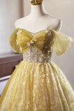 Yellow Floral Tulle Knee Length Prom Dress, Lovely A-Line Off the Shoulder Evening Party Dress HZ0429