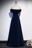 Navy Velvet Long Prom Dress, A-Line Off the Shoulder Evening Party Dress HZ0429