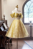 Yellow Floral Tulle Knee Length Prom Dress, Lovely A-Line Off the Shoulder Evening Party Dress HZ0429