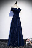 Navy Velvet Long Prom Dress, A-Line Off the Shoulder Evening Party Dress HZ0429