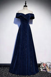 Navy Velvet Long Prom Dress, A-Line Off the Shoulder Evening Party Dress HZ0429