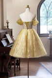 Yellow Floral Tulle Knee Length Prom Dress, Lovely A-Line Off the Shoulder Evening Party Dress HZ0429