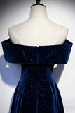 Navy Velvet Long Prom Dress, A-Line Off the Shoulder Evening Party Dress HZ0429