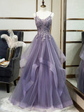 Purple Spaghetti Straps Lace Prom Dress, Lovely Tulle Corset Floor Length Evening Dress HZ0429