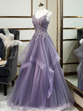 Purple Spaghetti Straps Lace Prom Dress, Lovely Tulle Corset Floor Length Evening Dress HZ0429