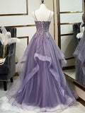 Purple Spaghetti Straps Lace Prom Dress, Lovely Tulle Corset Floor Length Evening Dress HZ0429