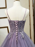 Purple Spaghetti Straps Lace Prom Dress, Lovely Tulle Corset Floor Length Evening Dress HZ0429
