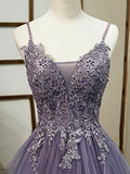 Purple Spaghetti Straps Lace Prom Dress, Lovely Tulle Corset Floor Length Evening Dress HZ0429