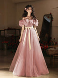 Pink Tulle Long Prom Dress, Beautiful A-Line Off the Shoulder Evening Party Dress HZ0429