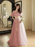 Pink Tulle Long Prom Dress, Beautiful A-Line Off the Shoulder Evening Party Dress HZ0429