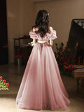 Pink Tulle Long Prom Dress, Beautiful A-Line Off the Shoulder Evening Party Dress HZ0429