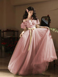 Pink Tulle Long Prom Dress, Beautiful A-Line Off the Shoulder Evening Party Dress HZ0429