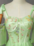 Green Floral Tulle Long Formal Dress, Beautiful A-Line Evening Party Dress HZ0429