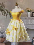 Yellow Satin Knee Length Party Dress, Cute Off the Shoulder Evening Dress HZ0429