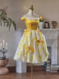 Yellow Satin Knee Length Party Dress, Cute Off the Shoulder Evening Dress HZ0429