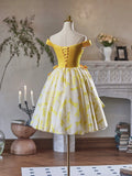 Yellow Satin Knee Length Party Dress, Cute Off the Shoulder Evening Dress HZ0429