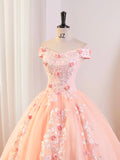 Pink V-Neck Tulle Lace Floor Length Prom Dress, Beautiful Off the Shoulder A-Line Party Evening Dress HZ0429