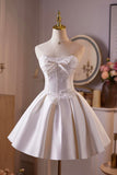 White Satin Lace Short Prom Dress, A-Line Sweetheart Neck Party Dress HZ0429