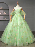 Green Floral Tulle Long Formal Dress, Beautiful A-Line Evening Party Dress HZ0429