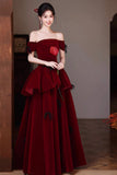 Burgundy Off-the-Shoulder Velvet Long Prom Dress, Tiered A-Line Formal Gown HZ0429