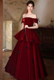 Burgundy Off-the-Shoulder Velvet Long Prom Dress, Tiered A-Line Formal Gown HZ0429